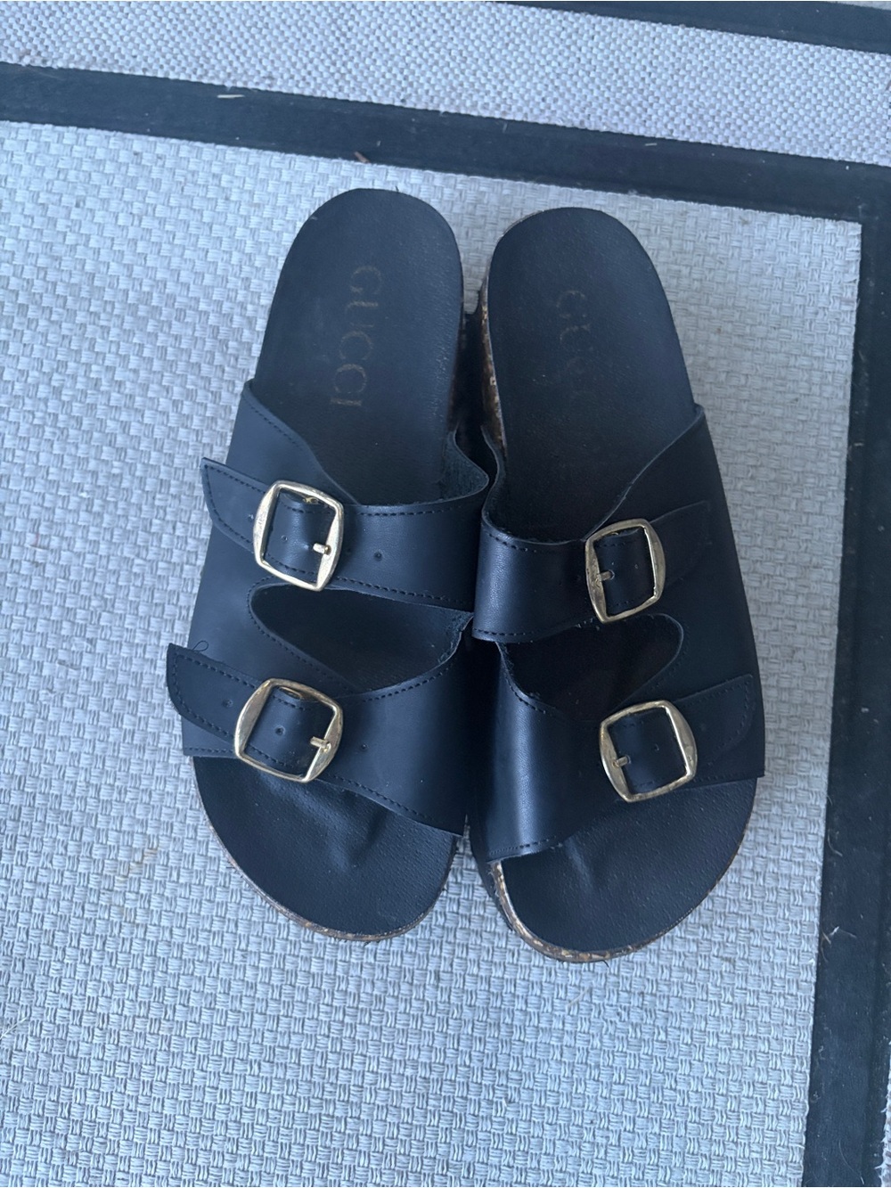 Gucci Black Leather Double-Buckle Slide Sandals with Gold Buckles